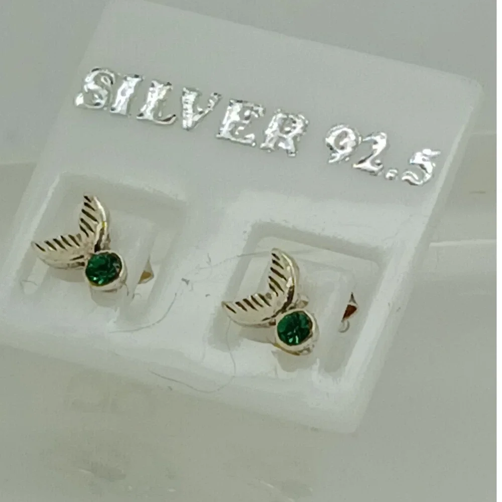 Sterling Silver 925 Mermaid Tail Stud Earrings Green Crystal Nautical Jewelry‎
